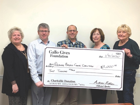 Delaware Breast Cancer Coalition check presentation attendees shown are (l-r) Gallo Gives Foundation committee members Margaret Iorii, Turner Hastings and Andrew Ratner; and Delaware Breast Cancer Coalition's Connie Holdridge and Sue Ryan.
